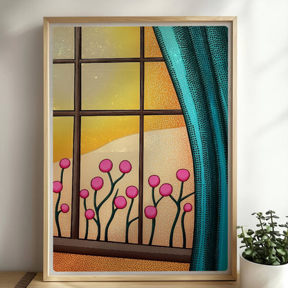 Fenster mit türkisfarbenem Vorhang, pinken Blumen und goldenem Sonnenuntergang – warme, gemütliche Stimmung.. Rahmen natur 50x70