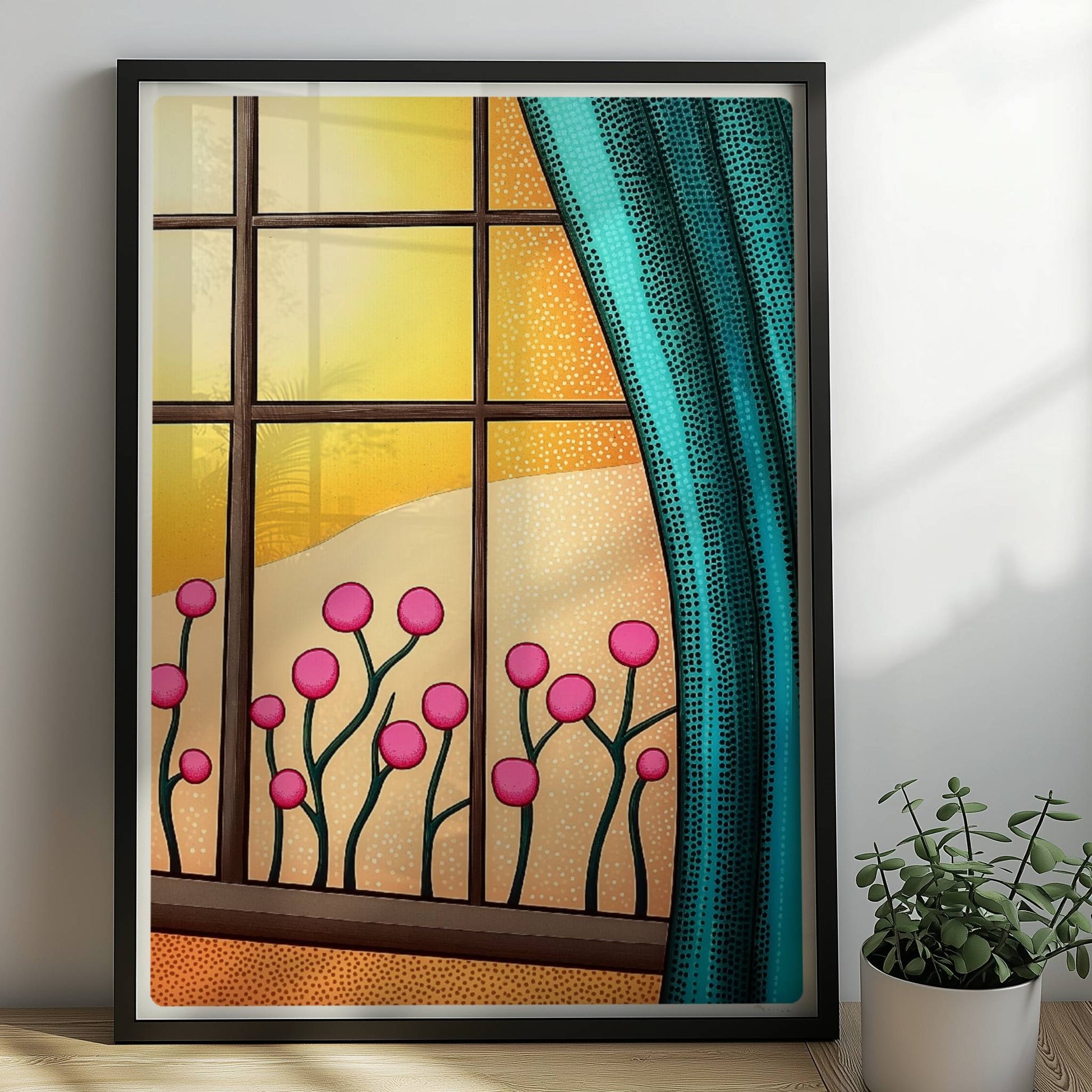 Fenster mit türkisfarbenem Vorhang, pinken Blumen und goldenem Sonnenuntergang – warme, gemütliche Stimmung.. Rahmen schwarz 50x70