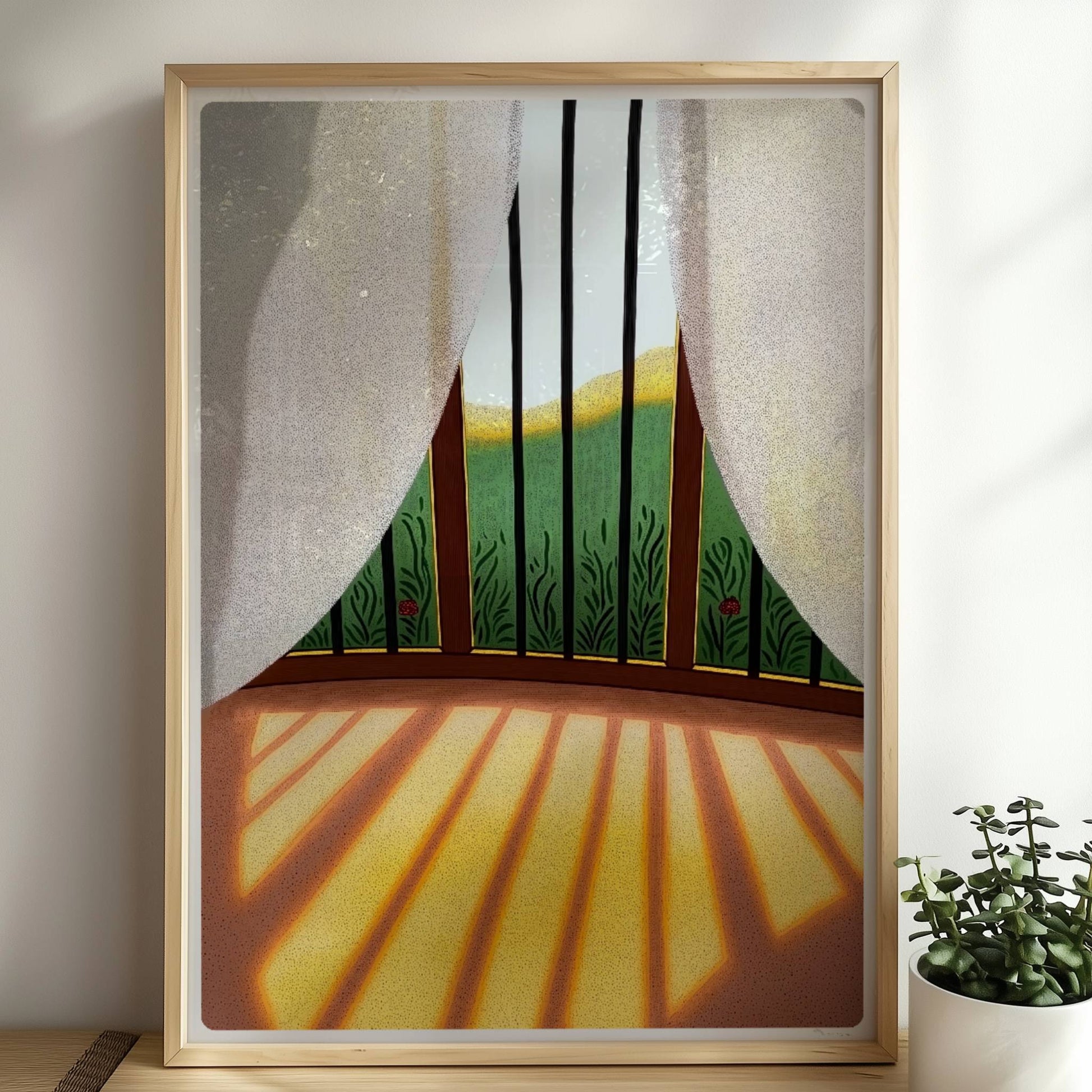 Fenster mit weißen Vorhängen, Sonnenlicht, das auf den Boden fällt, und grünem Gartenblick – friedliche Wohnraumatmosphäre.. Rahmen natur 50x70