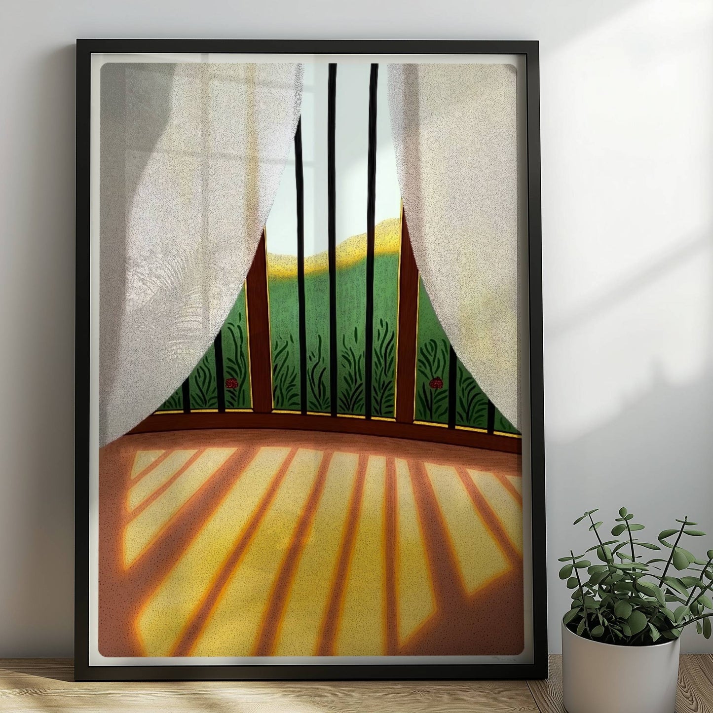 Fenster mit weißen Vorhängen, Sonnenlicht, das auf den Boden fällt, und grünem Gartenblick – friedliche Wohnraumatmosphäre.. Rahmen schwarz 50x70
