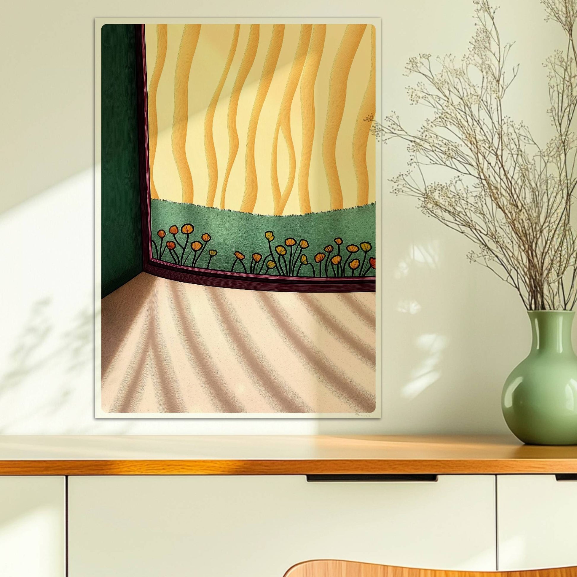 Blumenfeld vor goldenem Vorhang, Sonnenlicht wirft sanfte Schatten auf den Boden – gemütliche Wohnraumszene.. Ohne Rahmen 50x70