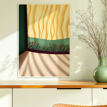Blumenfeld vor goldenem Vorhang, Sonnenlicht wirft sanfte Schatten auf den Boden – gemütliche Wohnraumszene.. Ohne Rahmen 50x70