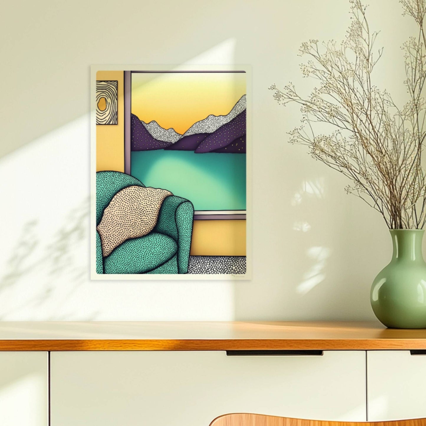 Türkiser Sessel mit Kissen vor großem Fenster mit Blick auf Bergsee und goldenen Sonnenuntergang – gemütliche Raumatmosphäre.. Ohne Rahmen 30x40
