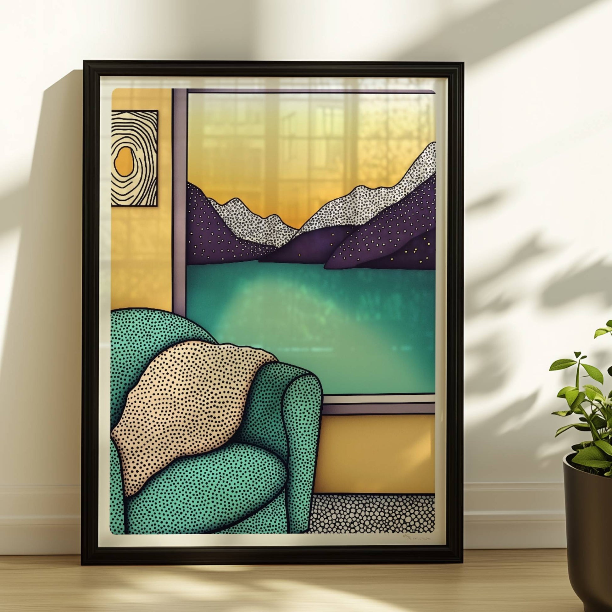 Türkiser Sessel mit Kissen vor großem Fenster mit Blick auf Bergsee und goldenen Sonnenuntergang – gemütliche Raumatmosphäre.. Rahmen schwarz 30x40