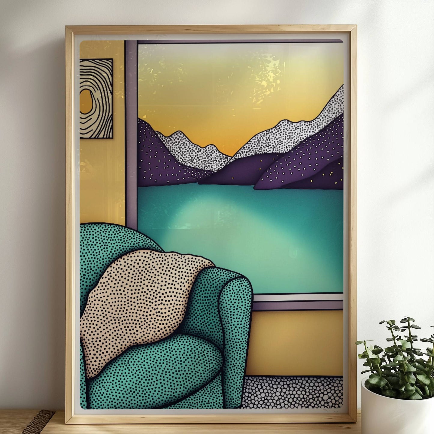Türkiser Sessel mit Kissen vor großem Fenster mit Blick auf Bergsee und goldenen Sonnenuntergang – gemütliche Raumatmosphäre.. Rahmen natur 50x70