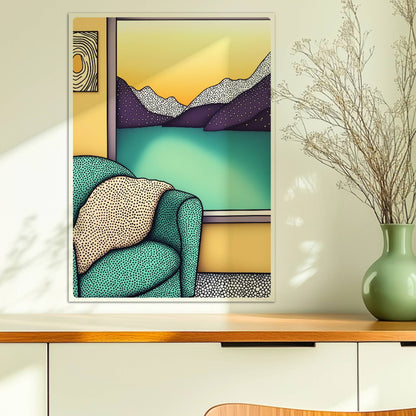 Türkiser Sessel mit Kissen vor großem Fenster mit Blick auf Bergsee und goldenen Sonnenuntergang – gemütliche Raumatmosphäre.. Ohne Rahmen 50x70