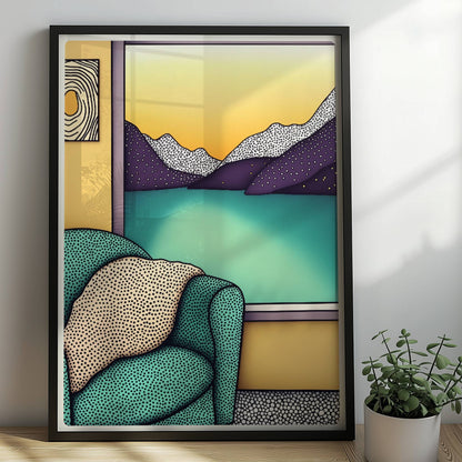 Türkiser Sessel mit Kissen vor großem Fenster mit Blick auf Bergsee und goldenen Sonnenuntergang – gemütliche Raumatmosphäre.. Rahmen schwarz 50x70