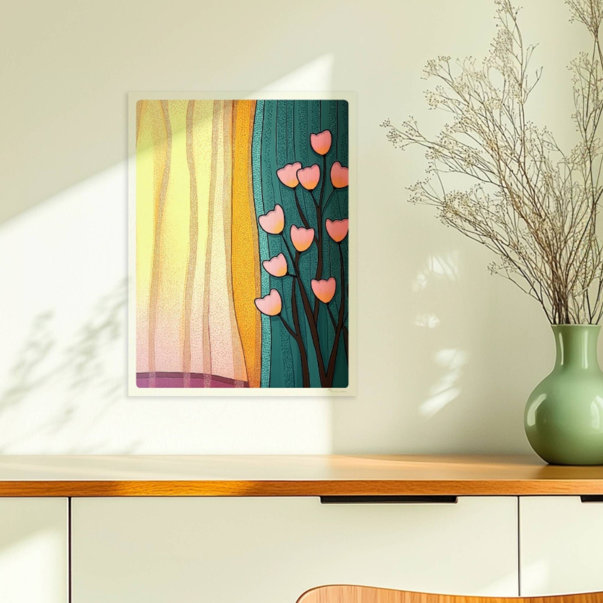 Stilisierte Herzblumen vor einem sonnendurchfluteten Vorhang – lebendige und warme Raumatmosphäre.. Ohne Rahmen 30x40