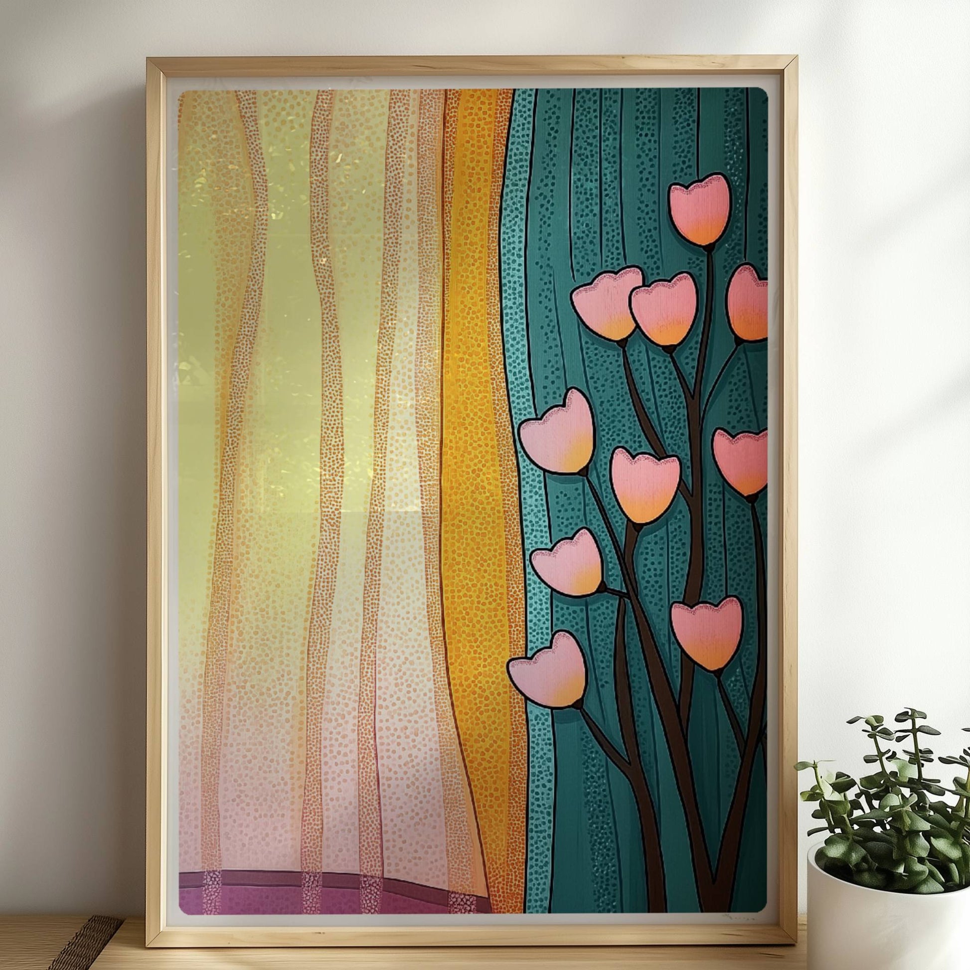 Stilisierte Herzblumen vor einem sonnendurchfluteten Vorhang – lebendige und warme Raumatmosphäre.. Rahmen natur 50x70