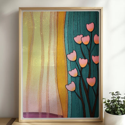 Stilisierte Herzblumen vor einem sonnendurchfluteten Vorhang – lebendige und warme Raumatmosphäre.. Rahmen natur 50x70