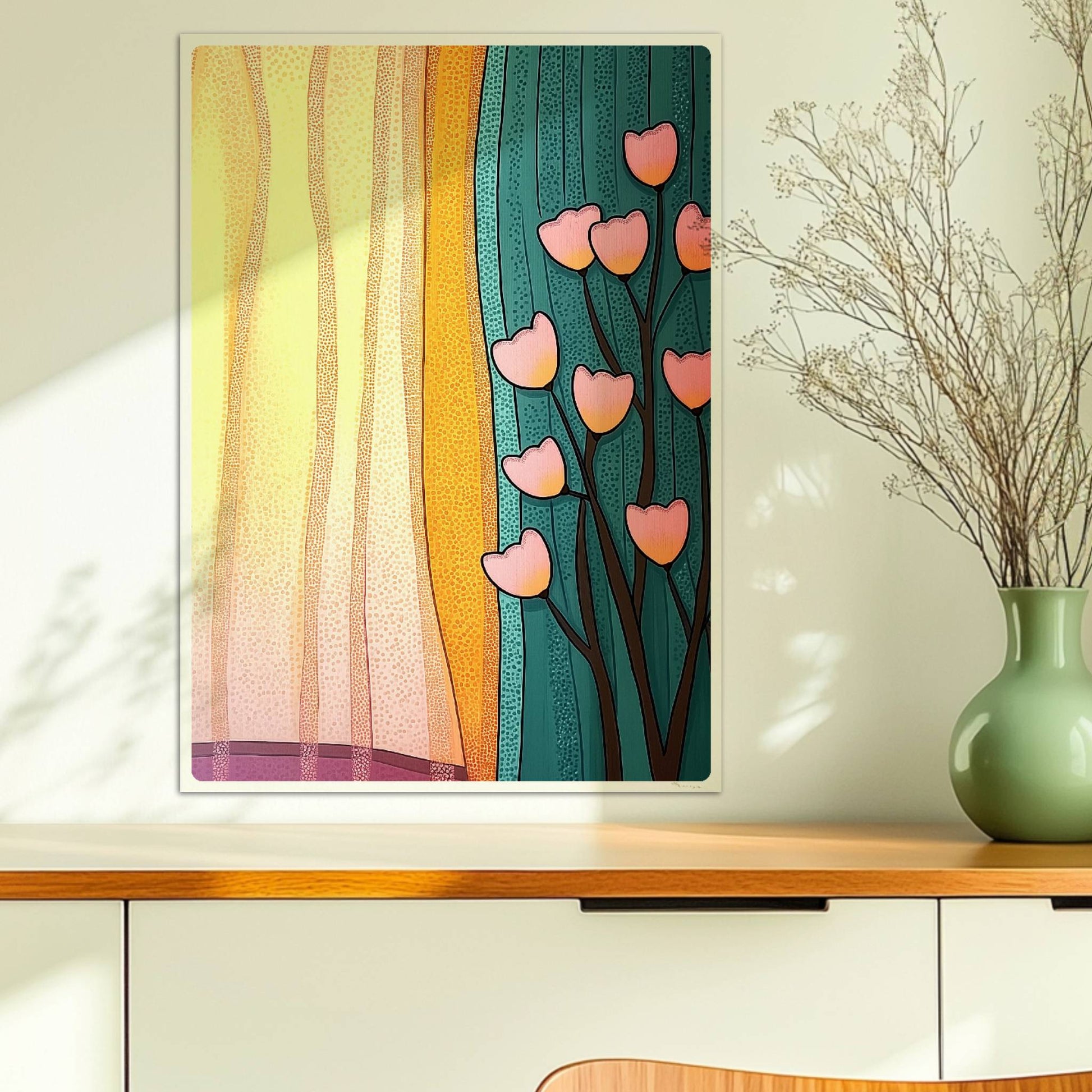 Stilisierte Herzblumen vor einem sonnendurchfluteten Vorhang – lebendige und warme Raumatmosphäre.. Ohne Rahmen 50x70