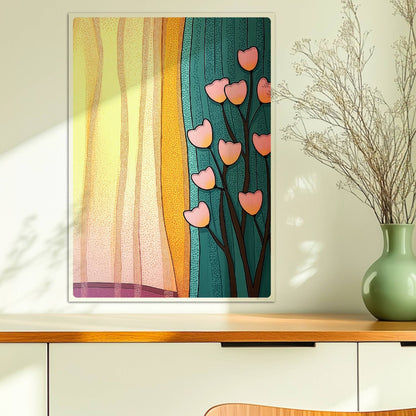 Stilisierte Herzblumen vor einem sonnendurchfluteten Vorhang – lebendige und warme Raumatmosphäre.. Ohne Rahmen 50x70