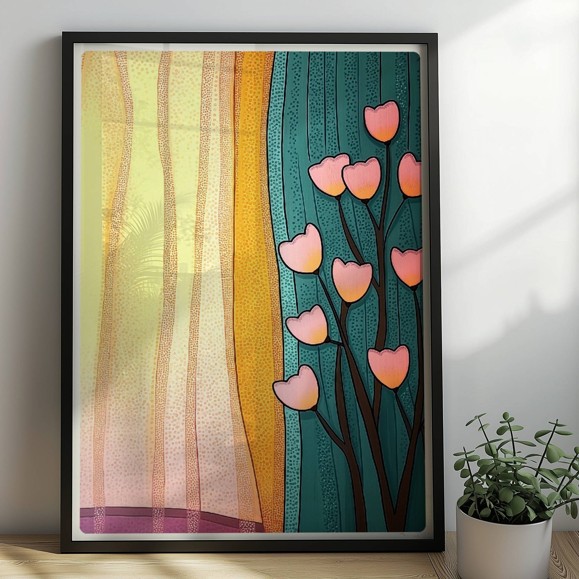 Stilisierte Herzblumen vor einem sonnendurchfluteten Vorhang – lebendige und warme Raumatmosphäre.. Rahmen schwarz 50x70