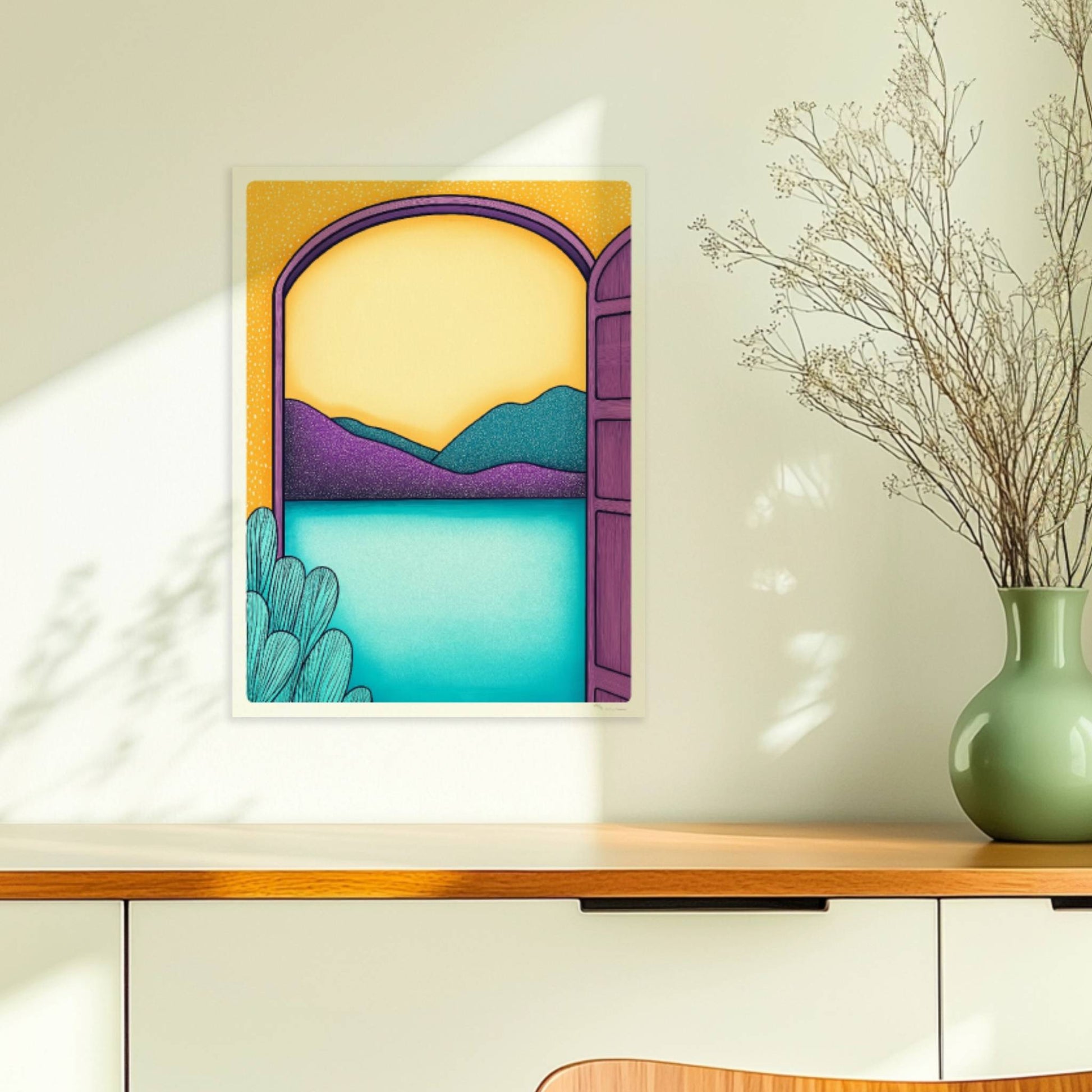Blick durch einen violetten Torbogen auf türkisfarbenen See und lilafarbene Hügel bei Sonnenuntergang.. Ohne Rahmen 30x40