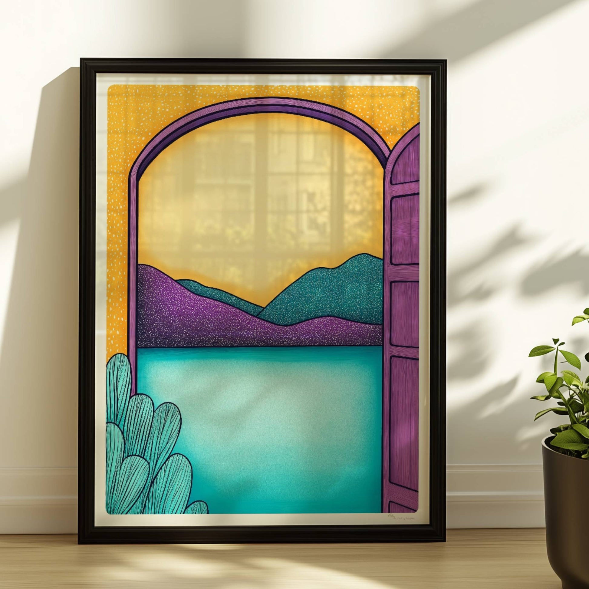 Blick durch einen violetten Torbogen auf türkisfarbenen See und lilafarbene Hügel bei Sonnenuntergang.. Rahmen schwarz 30x40