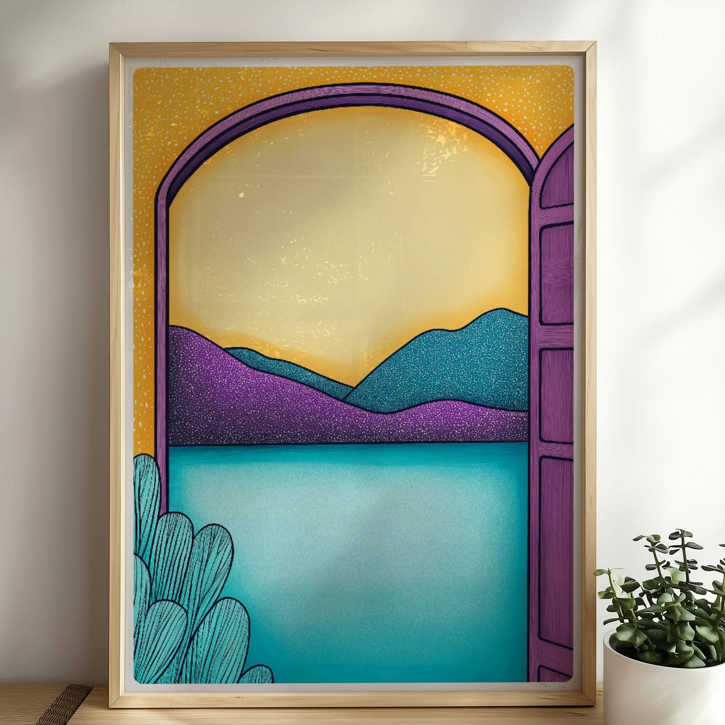 Blick durch einen violetten Torbogen auf türkisfarbenen See und lilafarbene Hügel bei Sonnenuntergang.. Rahmen natur 50x70
