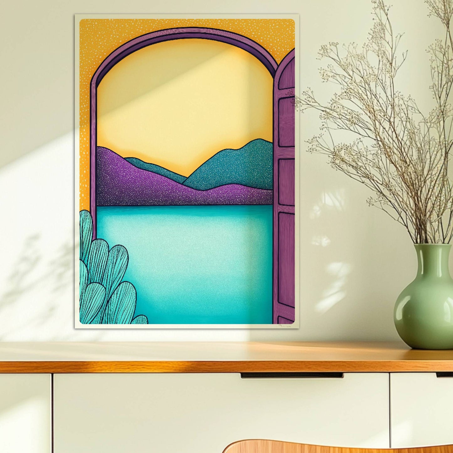 Blick durch einen violetten Torbogen auf türkisfarbenen See und lilafarbene Hügel bei Sonnenuntergang.. Ohne Rahmen 50x70