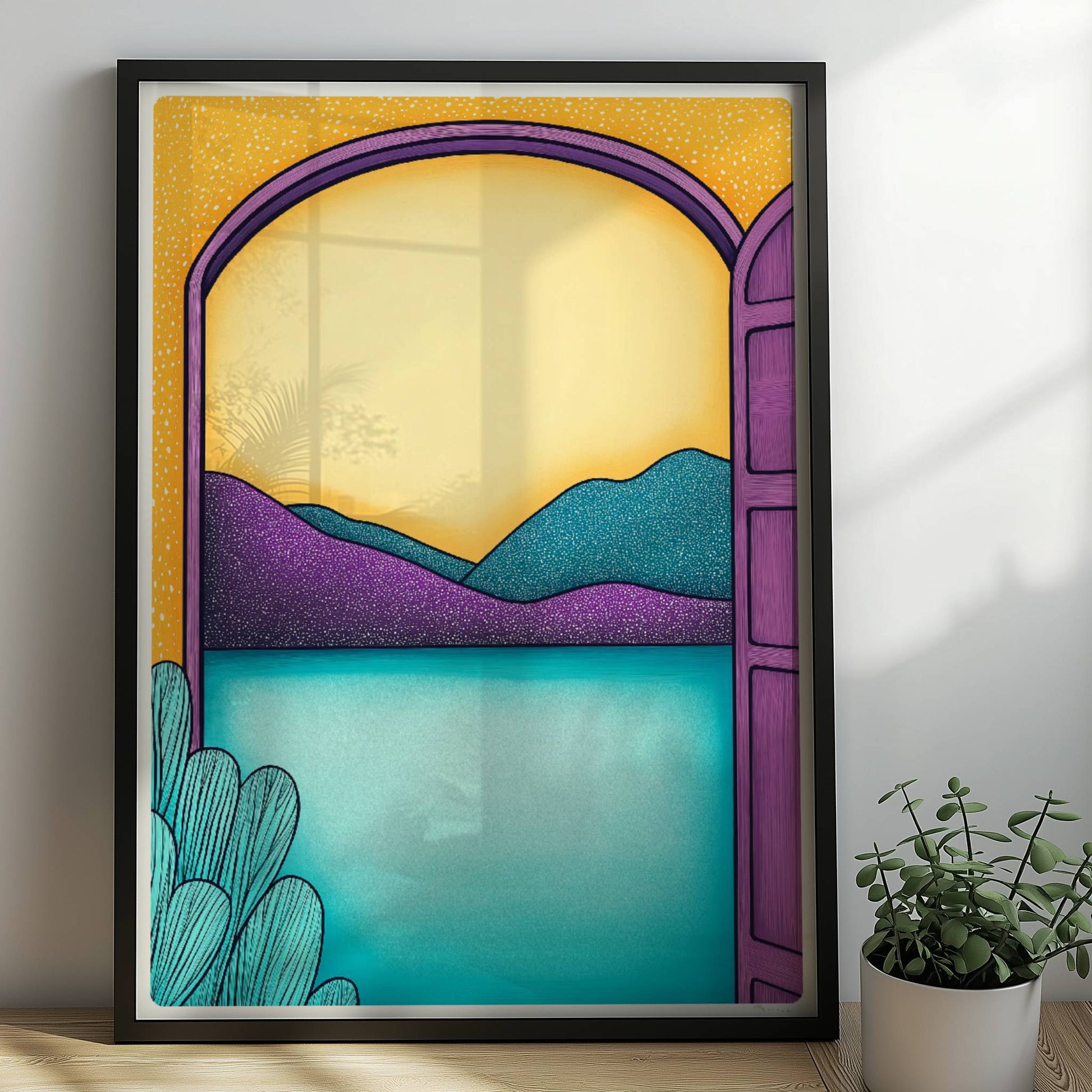 Blick durch einen violetten Torbogen auf türkisfarbenen See und lilafarbene Hügel bei Sonnenuntergang.. Rahmen schwarz 50x70