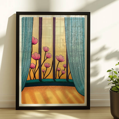 Rosafarbene Blüten vor goldenem Sonnenlicht, eingerahmt von türkisfarbenen Vorhängen und einem eleganten Fenster.. Rahmen schwarz 30x40