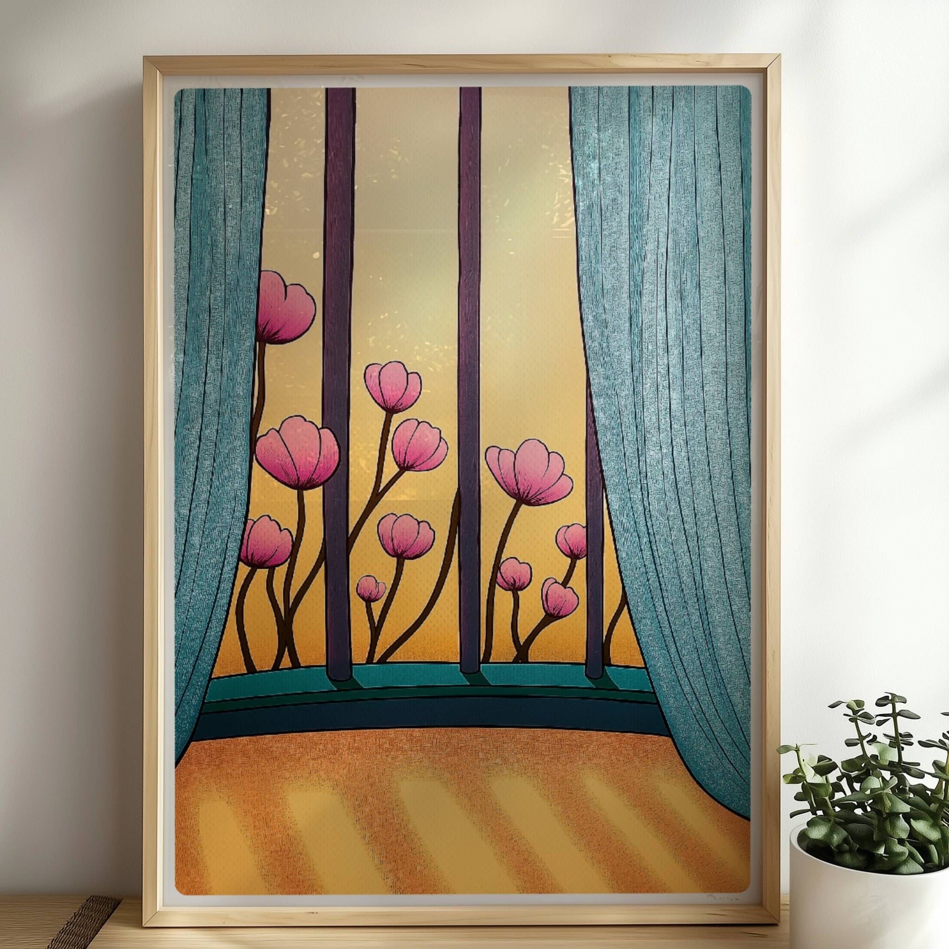 Rosafarbene Blüten vor goldenem Sonnenlicht, eingerahmt von türkisfarbenen Vorhängen und einem eleganten Fenster.. Rahmen natur 50x70