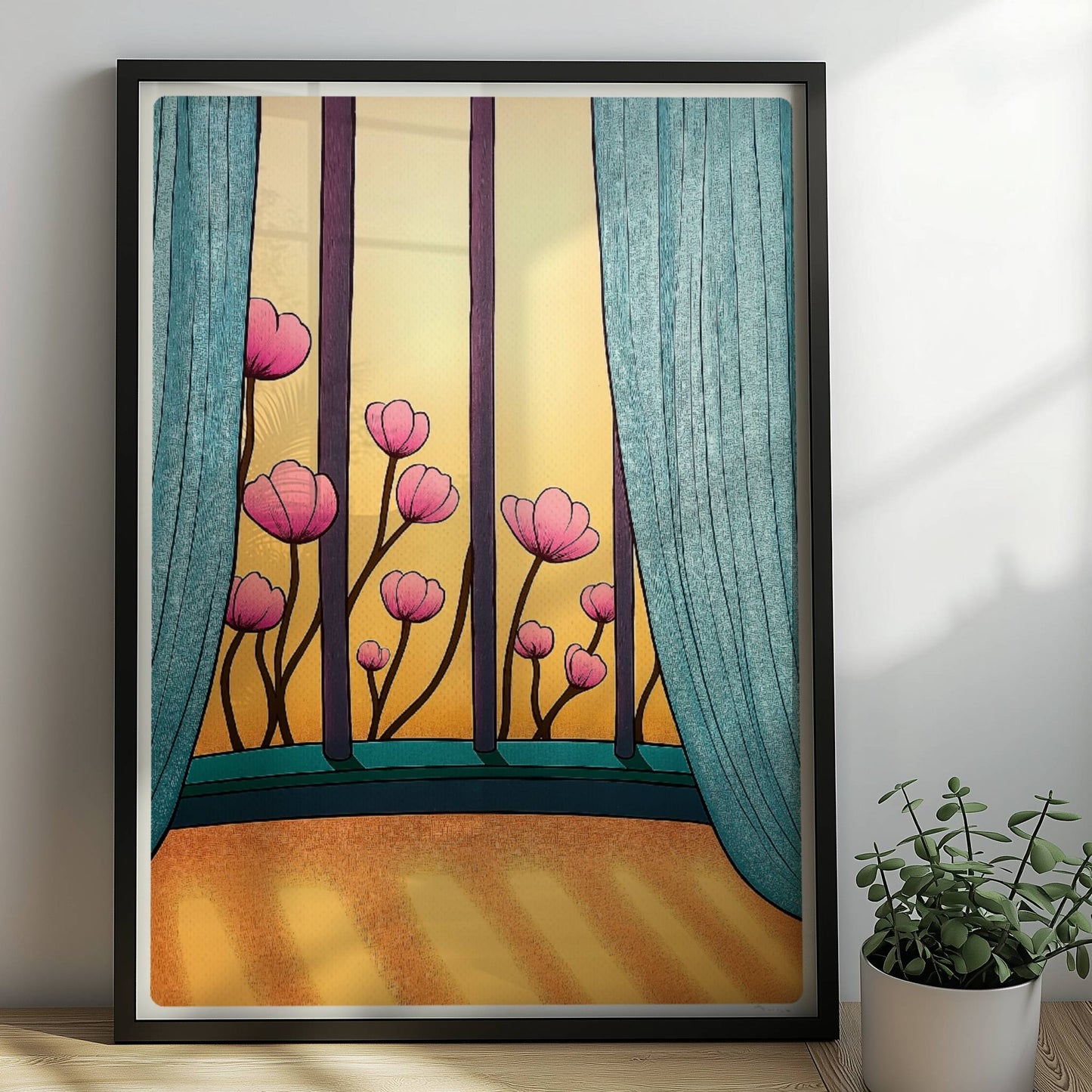 Rosafarbene Blüten vor goldenem Sonnenlicht, eingerahmt von türkisfarbenen Vorhängen und einem eleganten Fenster.. Rahmen schwarz 50x70
