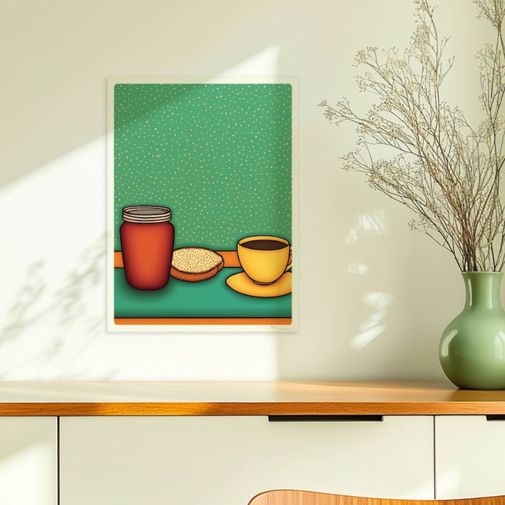 Frühstücksszene mit gelber Kaffeetasse, rotem Marmeladenglas und Toast auf grünem Hintergrund im Retro-Stil.. Ohne Rahmen 30x40
