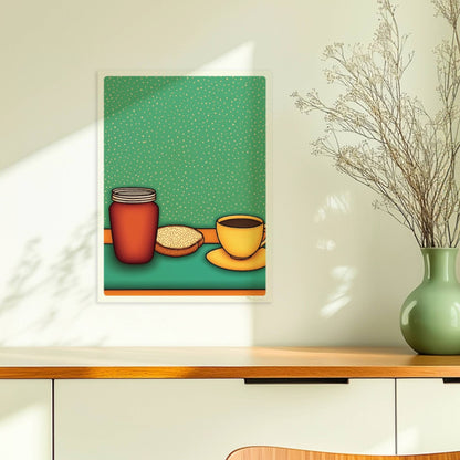 Frühstücksszene mit gelber Kaffeetasse, rotem Marmeladenglas und Toast auf grünem Hintergrund im Retro-Stil.. Ohne Rahmen 30x40