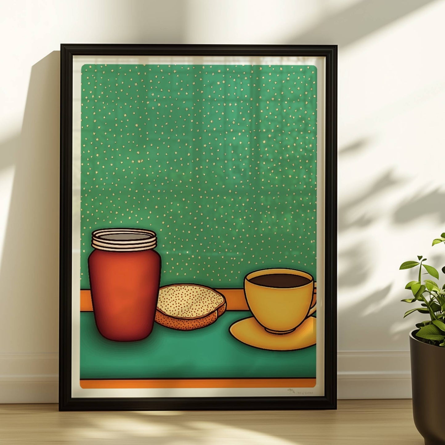 Frühstücksszene mit gelber Kaffeetasse, rotem Marmeladenglas und Toast auf grünem Hintergrund im Retro-Stil.. Rahmen schwarz 30x40