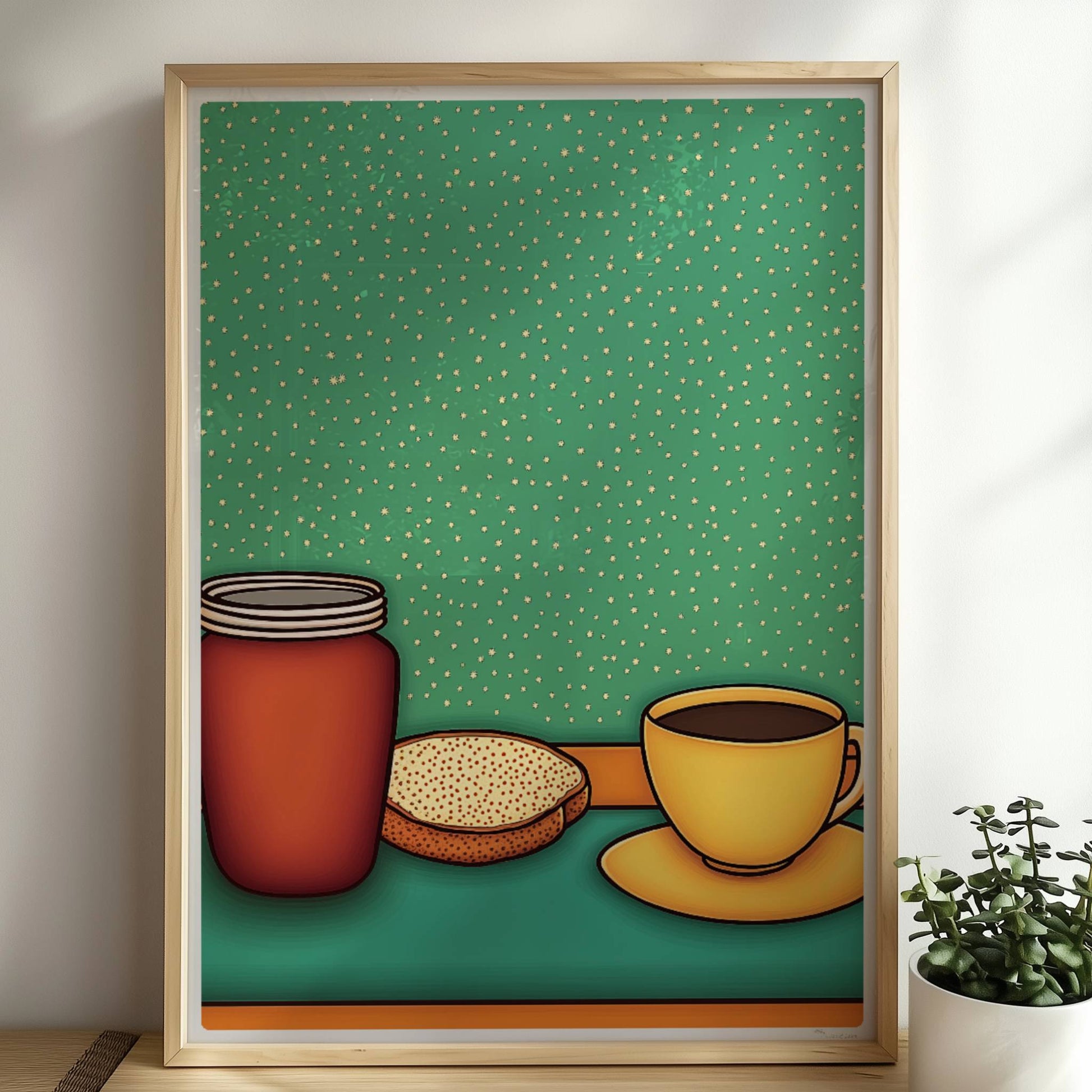 Frühstücksszene mit gelber Kaffeetasse, rotem Marmeladenglas und Toast auf grünem Hintergrund im Retro-Stil.. Rahmen natur 50x70
