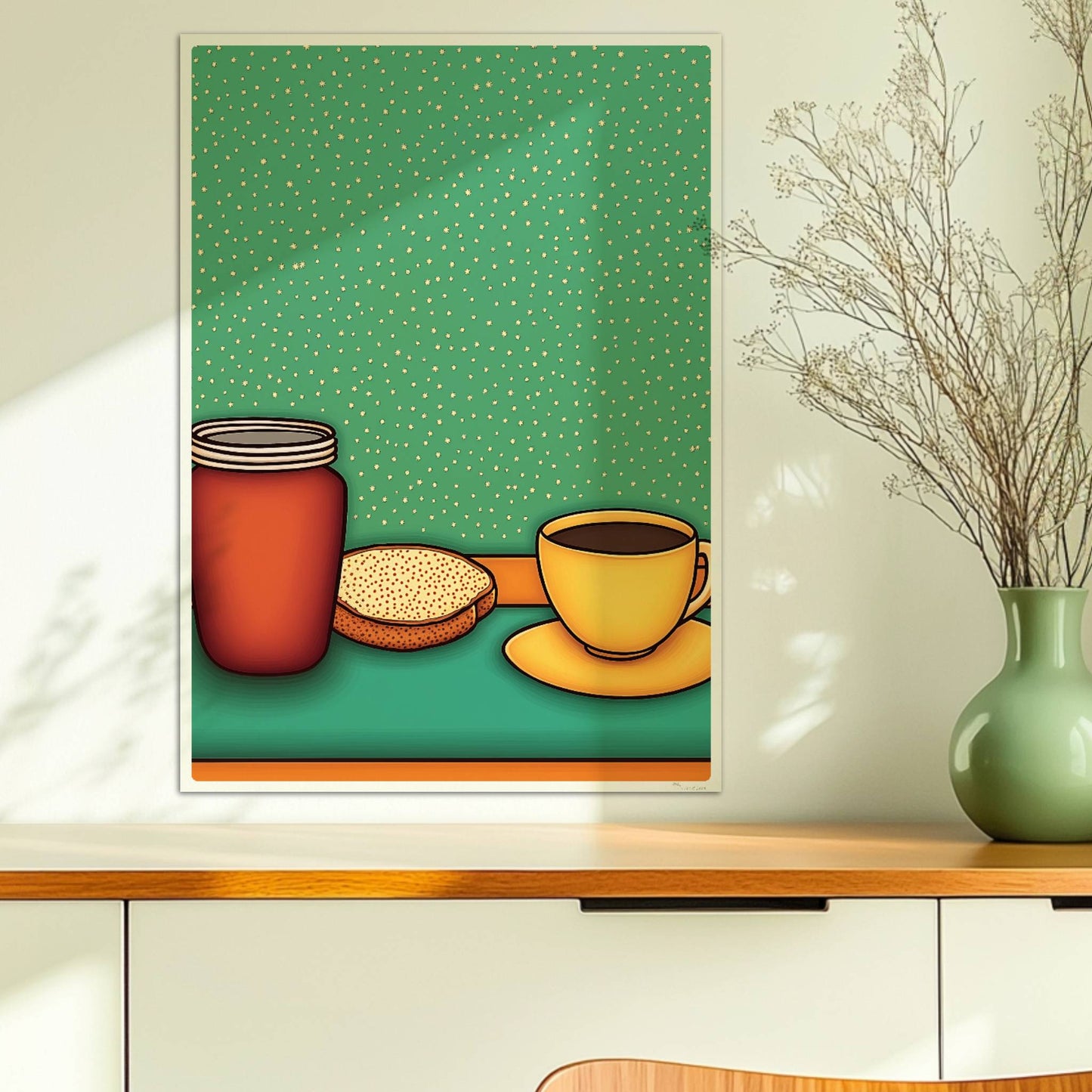 Frühstücksszene mit gelber Kaffeetasse, rotem Marmeladenglas und Toast auf grünem Hintergrund im Retro-Stil.. Ohne Rahmen 50x70