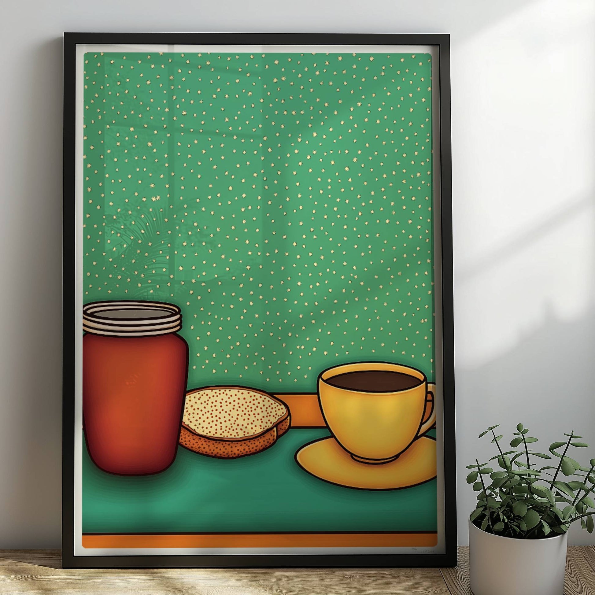 Frühstücksszene mit gelber Kaffeetasse, rotem Marmeladenglas und Toast auf grünem Hintergrund im Retro-Stil.. Rahmen schwarz 50x70
