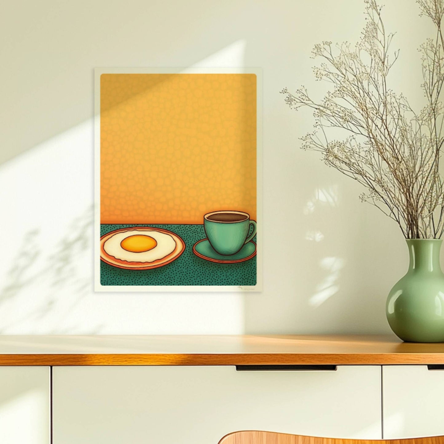 Minimalistische Frühstücksszene mit Spiegelei auf Teller und grünlicher Kaffeetasse vor gelbem Hintergrund im Retro-Stil.. Ohne Rahmen 30x40