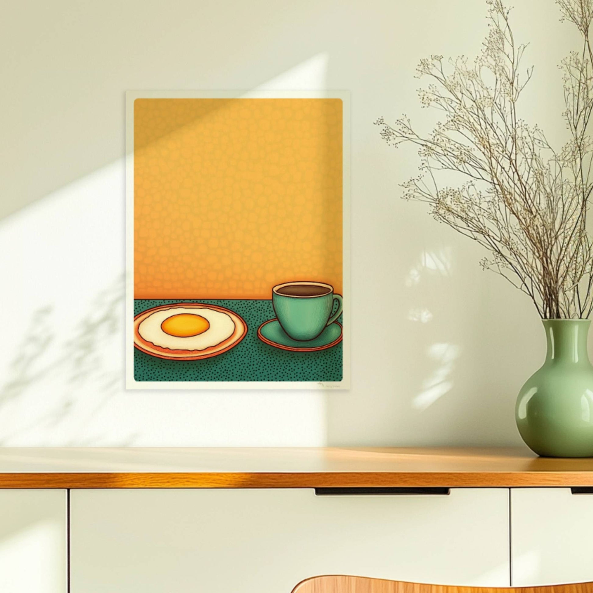 Minimalistische Frühstücksszene mit Spiegelei auf Teller und grünlicher Kaffeetasse vor gelbem Hintergrund im Retro-Stil.. Ohne Rahmen 30x40