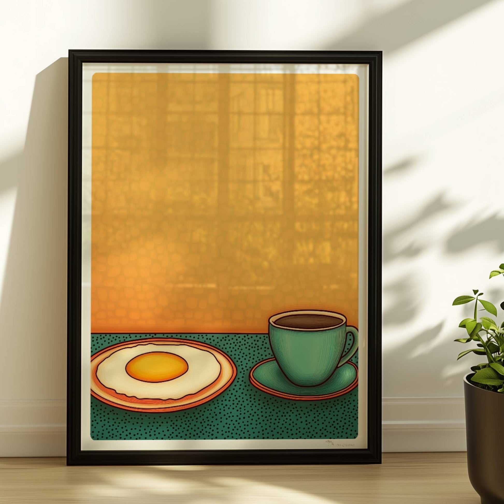 Minimalistische Frühstücksszene mit Spiegelei auf Teller und grünlicher Kaffeetasse vor gelbem Hintergrund im Retro-Stil.. Rahmen schwarz 30x40