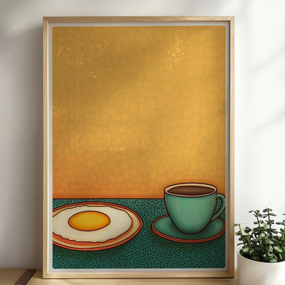 Minimalistische Frühstücksszene mit Spiegelei auf Teller und grünlicher Kaffeetasse vor gelbem Hintergrund im Retro-Stil.. Rahmen natur 50x70