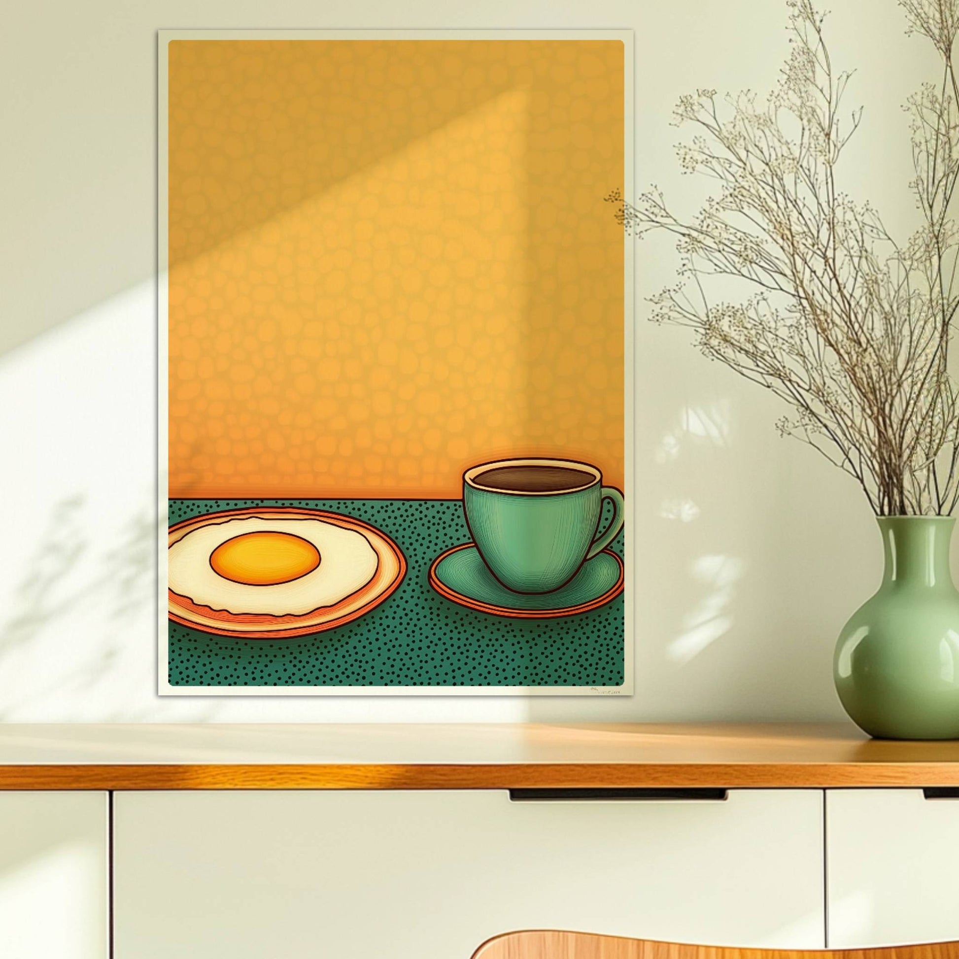 Minimalistische Frühstücksszene mit Spiegelei auf Teller und grünlicher Kaffeetasse vor gelbem Hintergrund im Retro-Stil.. Ohne Rahmen 50x70