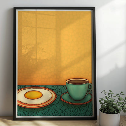 Minimalistische Frühstücksszene mit Spiegelei auf Teller und grünlicher Kaffeetasse vor gelbem Hintergrund im Retro-Stil.. Rahmen schwarz 50x70