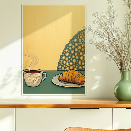Frühstück mit dampfender Kaffeetasse und frischem Croissant auf Teller vor gelbem Hintergrund mit dekorativem Muster.. Ohne Rahmen 50x70