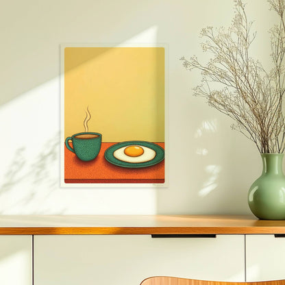 Frühstück mit dampfendem Kaffee und Spiegelei auf einem Teller vor warmem gelben Hintergrund.. Ohne Rahmen 30x40