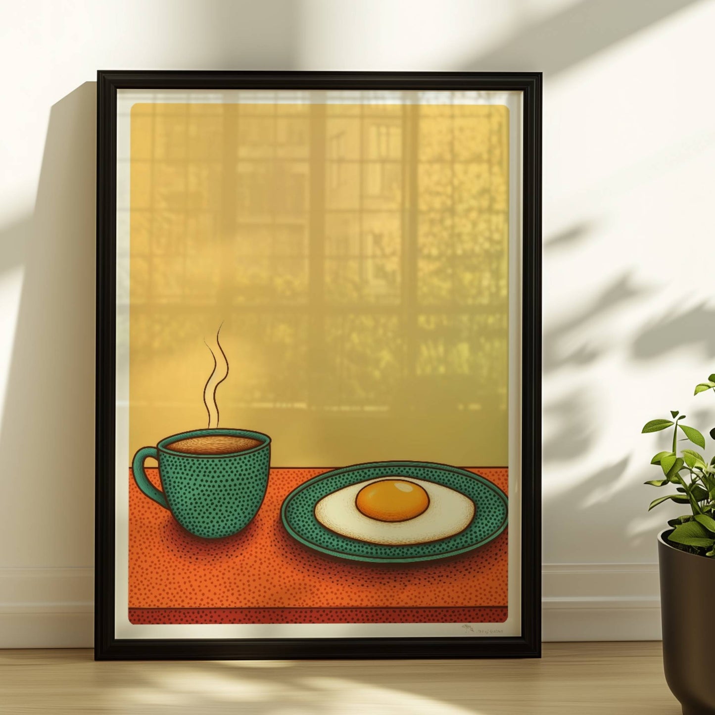 Frühstück mit dampfendem Kaffee und Spiegelei auf einem Teller vor warmem gelben Hintergrund.. Rahmen schwarz 30x40