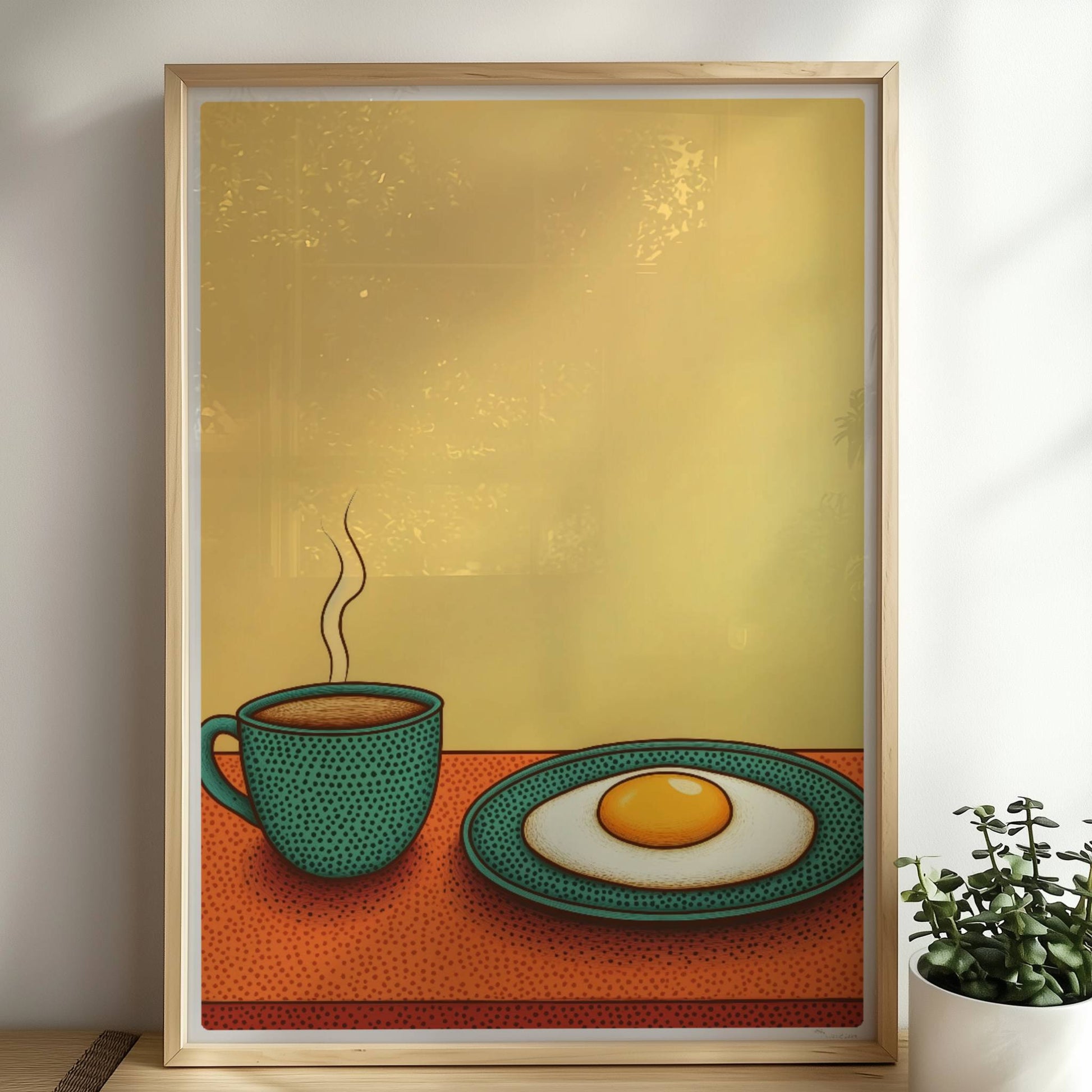 Frühstück mit dampfendem Kaffee und Spiegelei auf einem Teller vor warmem gelben Hintergrund.. Rahmen natur 50x70
