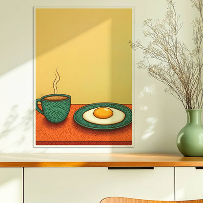 Frühstück mit dampfendem Kaffee und Spiegelei auf einem Teller vor warmem gelben Hintergrund.. Ohne Rahmen 50x70