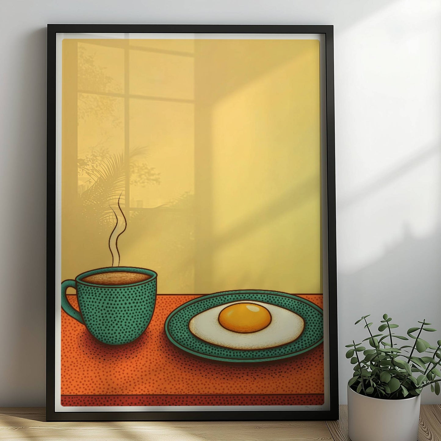 Frühstück mit dampfendem Kaffee und Spiegelei auf einem Teller vor warmem gelben Hintergrund.. Rahmen schwarz 50x70