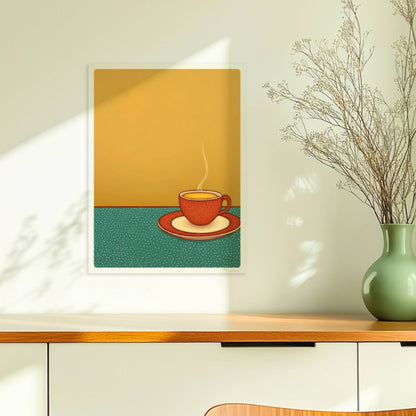 Minimalistische Illustration einer dampfenden Kaffeetasse auf grün gepunktetem Tisch vor warmem gelben Hintergrund.. Ohne Rahmen 30x40