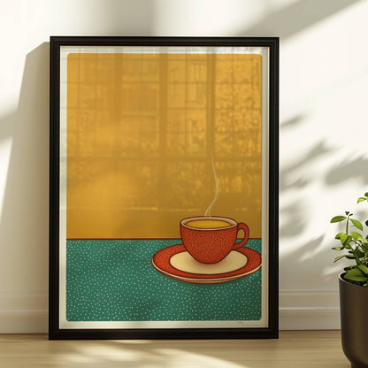 Minimalistische Illustration einer dampfenden Kaffeetasse auf grün gepunktetem Tisch vor warmem gelben Hintergrund.. Rahmen schwarz 30x40