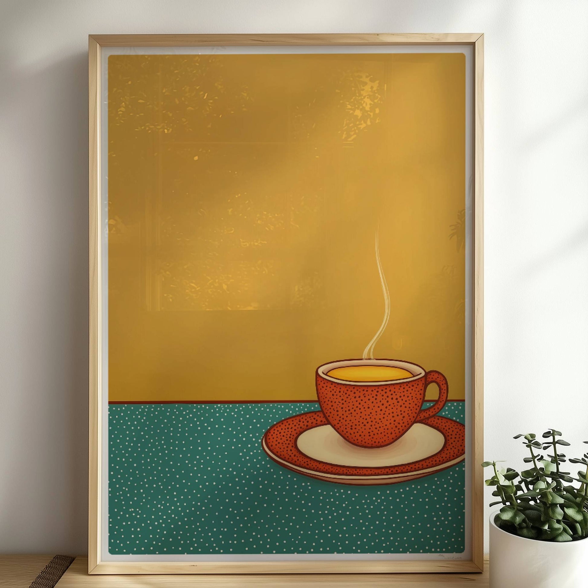 Minimalistische Illustration einer dampfenden Kaffeetasse auf grün gepunktetem Tisch vor warmem gelben Hintergrund.. Rahmen natur 50x70