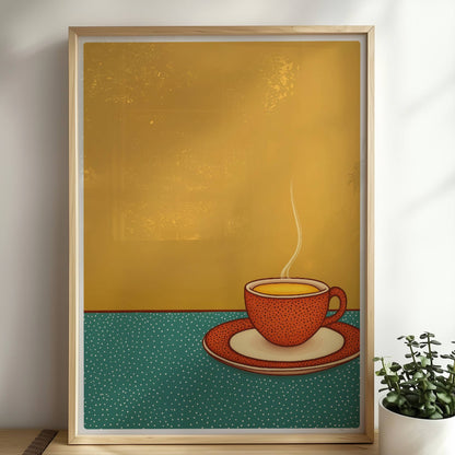 Minimalistische Illustration einer dampfenden Kaffeetasse auf grün gepunktetem Tisch vor warmem gelben Hintergrund.. Rahmen natur 50x70