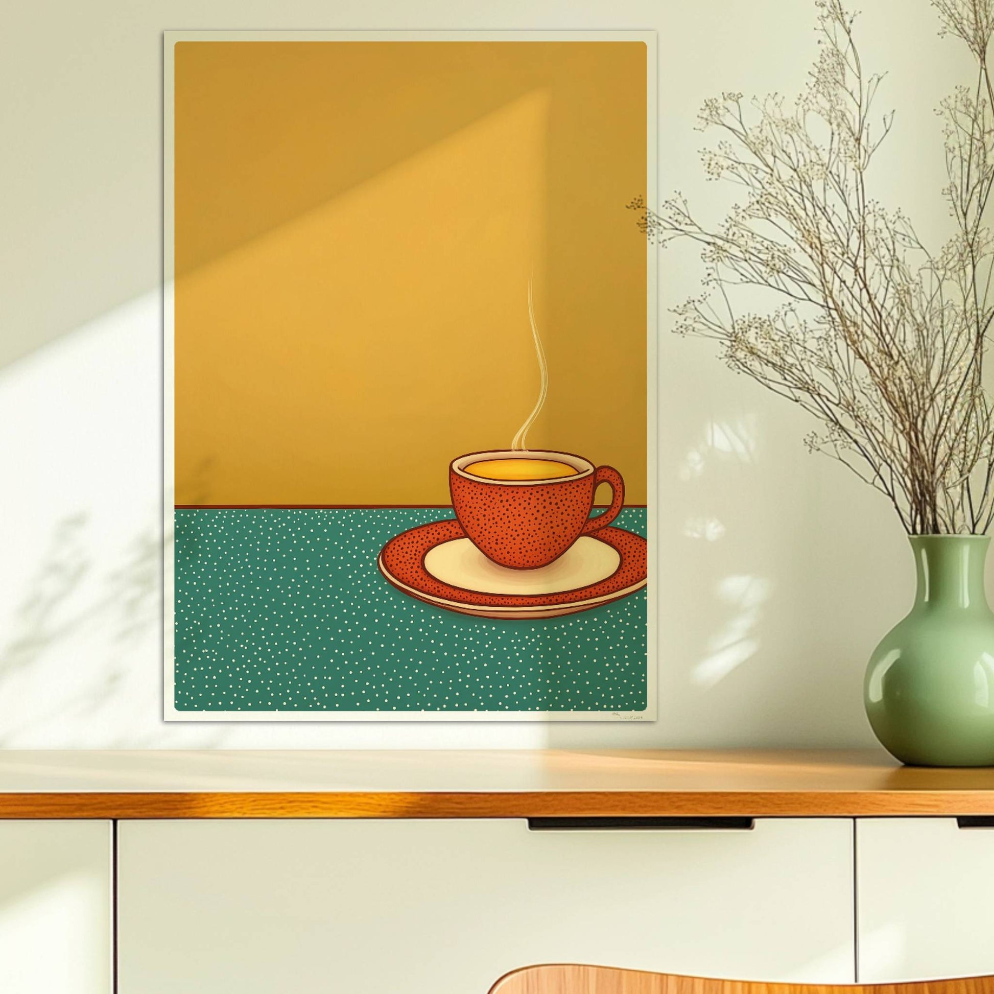 Minimalistische Illustration einer dampfenden Kaffeetasse auf grün gepunktetem Tisch vor warmem gelben Hintergrund.. Ohne Rahmen 50x70