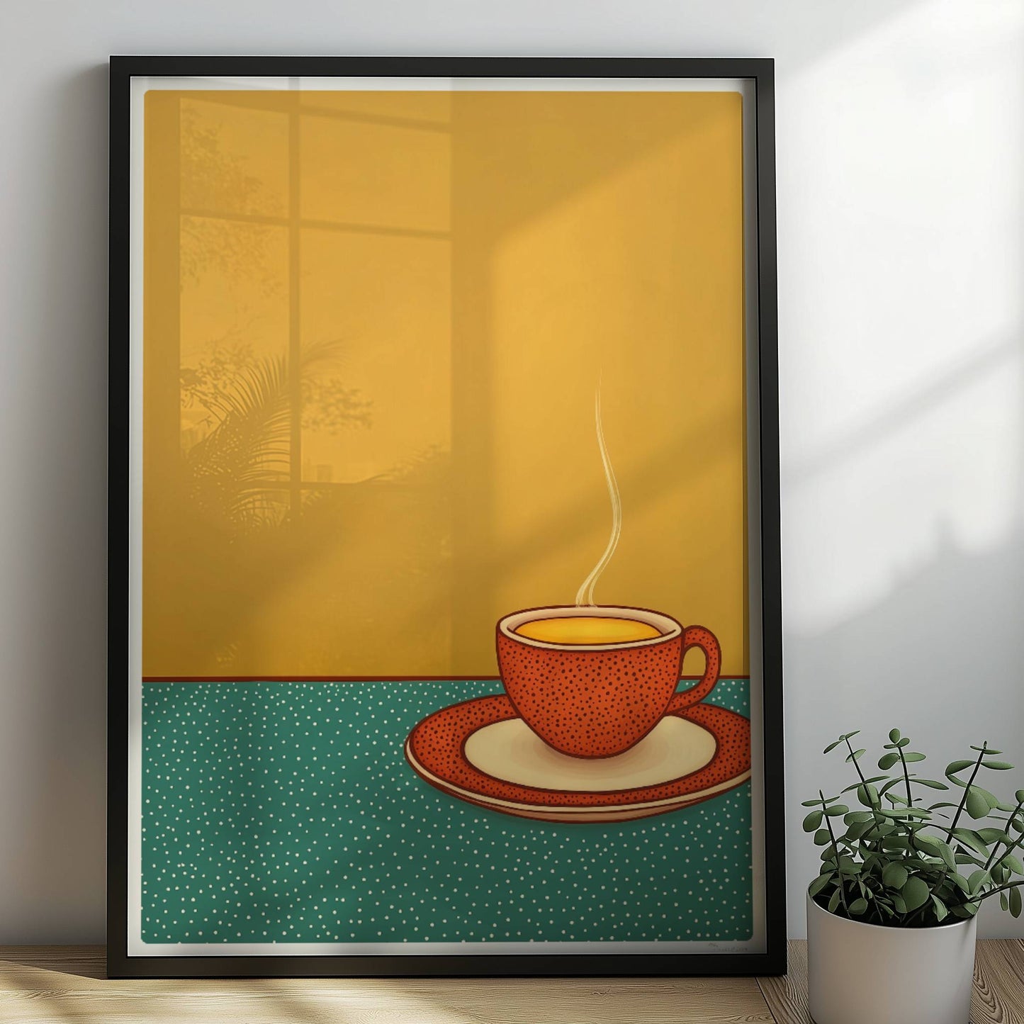 Minimalistische Illustration einer dampfenden Kaffeetasse auf grün gepunktetem Tisch vor warmem gelben Hintergrund.. Rahmen schwarz 50x70
