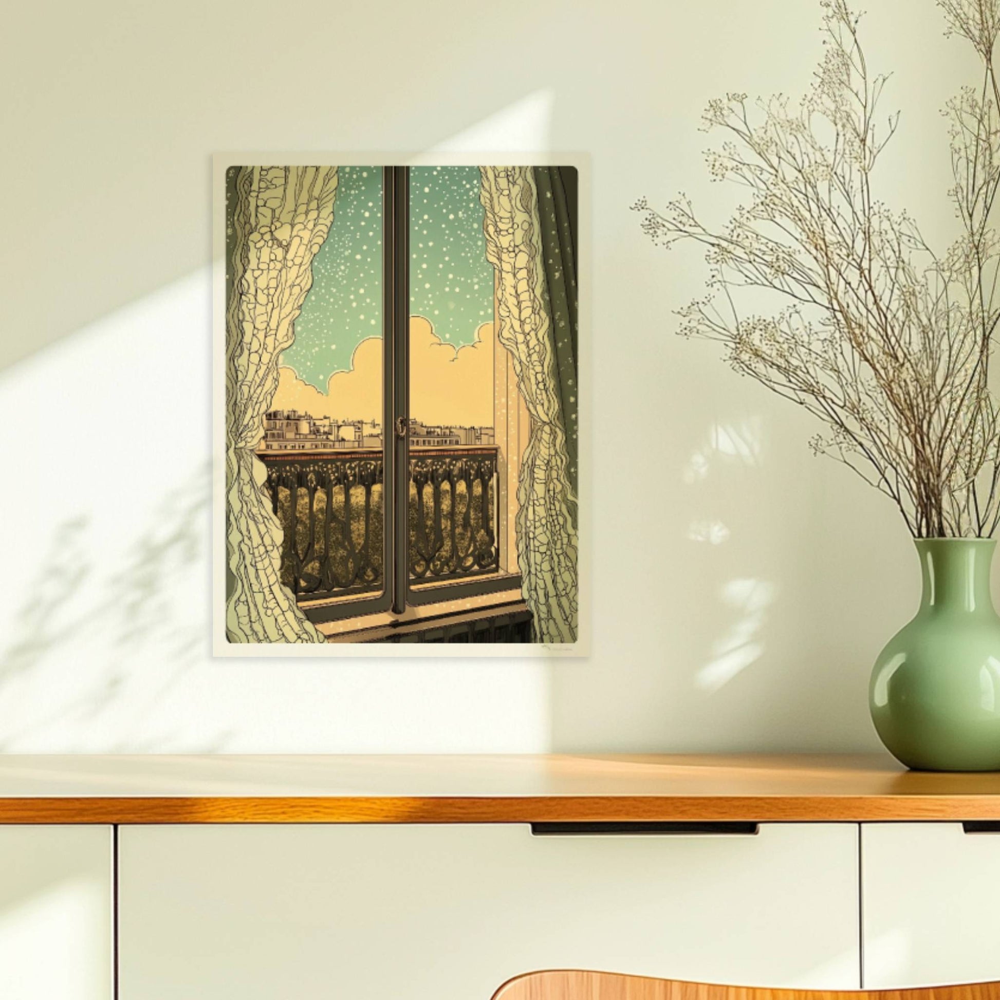 Fensterblick auf eine verschneite Stadtlandschaft durch elegante Vorhänge im Jugendstil mit verschnörkeltem Balkon.. Ohne Rahmen 30x40